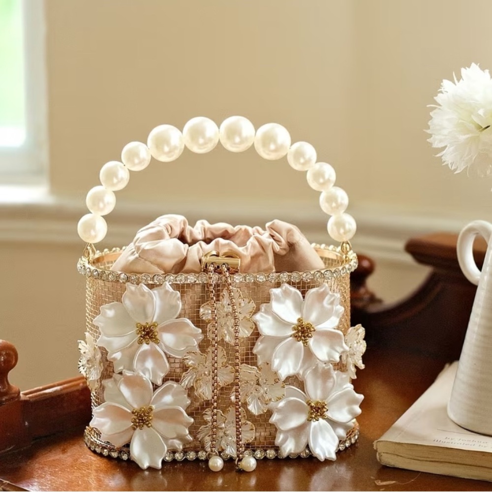 Chic Floral Pearl Handle Mini Bag